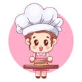 cartoon baker girl preparing dough on small wooden table