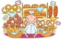 Cartoon baker selling bread and buns at the bakery