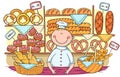 Cartoon baker selling bread and buns at the bakery Royalty Free Stock Photo