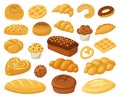 Cartoon bakery food. Pastry products, bread loaf, french baguette, and croissant. Bakery whole grain and wheat products Royalty Free Stock Photo