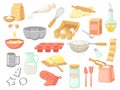 Cartoon baking ingredients. Bake products, yeast and oil, eggs and flour pack. Home making dessert, sugar milk salt for