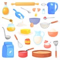 Cartoon baking supplies. Bakery ingredients and kitchen accessories, kitchenware baker equipment for cooking homemade Royalty Free Stock Photo