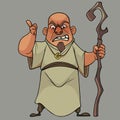 Cartoon bald man in a long tunic with a staff in his hand threatens with a finger