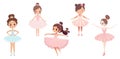 Cartoon ballerina princesses, cute girls dancers characters. Girl in tutu dress. Ballet class students in dance poses Royalty Free Stock Photo