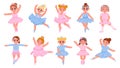 Cartoon ballerina princesses, cute girls dancers characters. Girl in tutu dress and crown. Ballet class students in