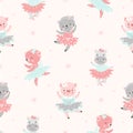 Cartoon ballerina seamless pattern. Ballet dancing cat, pig and bear. Baby funny fabric print. Cute dancers animals in Royalty Free Stock Photo