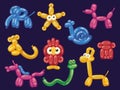 Cartoon balloon animals. Cute helium dog horse monkey elephant snake snail owl giraffe, funny rubber decoration for kids