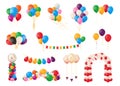 Cartoon balloons. Birthday party celebrate and carnival decoration elements. Bunch of festive bright glossy helium