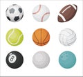 Cartoon balls vector set. Sport balls icons: volleyball, basketball, football, golf, american football, bowling isolated Royalty Free Stock Photo