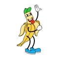 Cartoon banana with face.Trendy retro cartoon stickers. ÃÂ¡omic character with gloved hands and boots