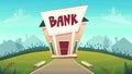 Cartoon bank branch at city street illustration . happy financial business planing . money of stock exchange finance vector. safe