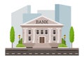 Cartoon bank building facade. City bank exterior architecture with columns, financial services and home of money flat