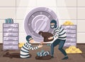 Cartoon bank robbery. Robbers steal money, gold reserves and savings from bank vault vector illustration