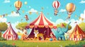 A cartoon banner advertising a circus show with animals artists on a big top arena. A carnival invitation to Royalty Free Stock Photo
