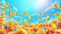 Cartoon banner of macaroni with different types of pasta like rigati, conchiglie, fusilli, farfalle, and penne. Italian