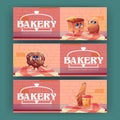 Cartoon banners with cute bakery characters, ads Royalty Free Stock Photo