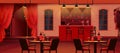 Cartoon bar interior. Restaurant or night club with jazz music. Pub counter. Cafe chairs and desks. Singers stage. Empty Royalty Free Stock Photo