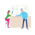 Cartoon bar scene. Young woman drinks cocktail in high chair, nearby stands a young guy leaning on bar counter Royalty Free Stock Photo