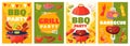 Cartoon barbecue elements posters. BBQ weekend cards, family summer picnic, outdoor cookout event, grilled meat and