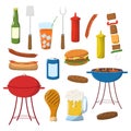 Cartoon barbecue equipment, outdoor bbq picnic elements. Grilled meat, vegetables