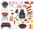 Cartoon barbecue equipment for picnic. Summer grill party elements, cooking tools and utensils. Grilled meat steaks