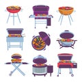 Cartoon barbeque grills. Bbq oven with fry food meat, vegetables, sausage and chicken. Outdoor mobile charcoal brazier designs Royalty Free Stock Photo