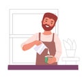 cartoon barista man with coffee cup and milk