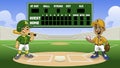 Cartoon baseball games in the stadium with bank scoreboard