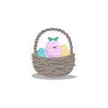 Cartoon basket with easter colorful and painted eggs and hatching girl chick with green bow. Decorative vector illustration icon. Royalty Free Stock Photo