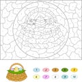 Cartoon basket with Easter eggs. Color by number educational game for kids