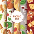 Cartoon basket picnic with food, drinks and cutlery seamless pattern illustration. Watermelon apples juice sandwiches