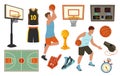 Cartoon basketball. Player jersey, basketball hoop and ball, dribbling and shooting, fan foam finger, sports trophy and Royalty Free Stock Photo