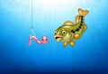 Cartoon bass fish hunting a pink worm Royalty Free Stock Photo