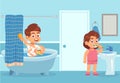 Cartoon bath. Children take water treatments. Boy washes with shampoo, girl is brushing teeth with toothpaste in