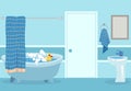 Cartoon bath. Cute white hot shower and bathtub with bubbles and toy in inside bathroom isolated vector illustration