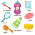 Cartoon bathroom accessories vocabulary vector icons. Mirror, towel, sponge, toothbrush and soap Royalty Free Stock Photo