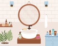 Cartoon bathroom interior. Sink and mirror, cosmetics bottles. Morning or evening cleaning, facial and body wash, vector