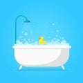 Cartoon bathtub with foam. Cute white tub, shower soap bubble and duck. Spa style bathroom, flat care and relaxation