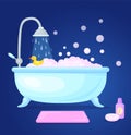 Cartoon bathtub interior. Tub with bubbles foam in bathroom, soap shower, baby water toy cute yellow rubber duck bath