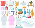 Cartoon bathtub, towels and hygiene products, bathroom elements. Bathroom hygiene accessories, bathrobe, bathtub and sink vector Royalty Free Stock Photo