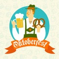 Cartoon Bavarian man with beer and pretzel