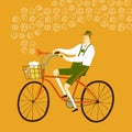 Cartoon Bavarian man cyclist with beer and pretzel