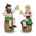 Cartoon Bavarian man and woman with beer, sausage and pretzel. Oktoberfest illustration, EPS 10, white background