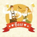 Cartoon Bavarian pair with beer and pretzel