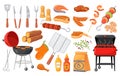 Cartoon bbq elements. Summer barbecue, burning grill picnic food roasted beef steak fish meat menu cooking chef grilling Royalty Free Stock Photo