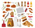 Cartoon bbq, roasted meat and vegetables. Barbecue party elements, wood, charcoal, grilled steak, sausages and bbq cooking tools Royalty Free Stock Photo