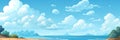 Cartoon beach with clouds and trees, AI