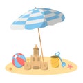 Cartoon beach illustration with shovel, bucket, sand castle, ball, parasol Royalty Free Stock Photo