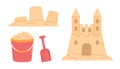 Cartoon beach sandcastle and plastic bucket filled with sand with shovel Royalty Free Stock Photo