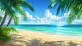 A cartoon beach scene with palm trees and the ocean, AI